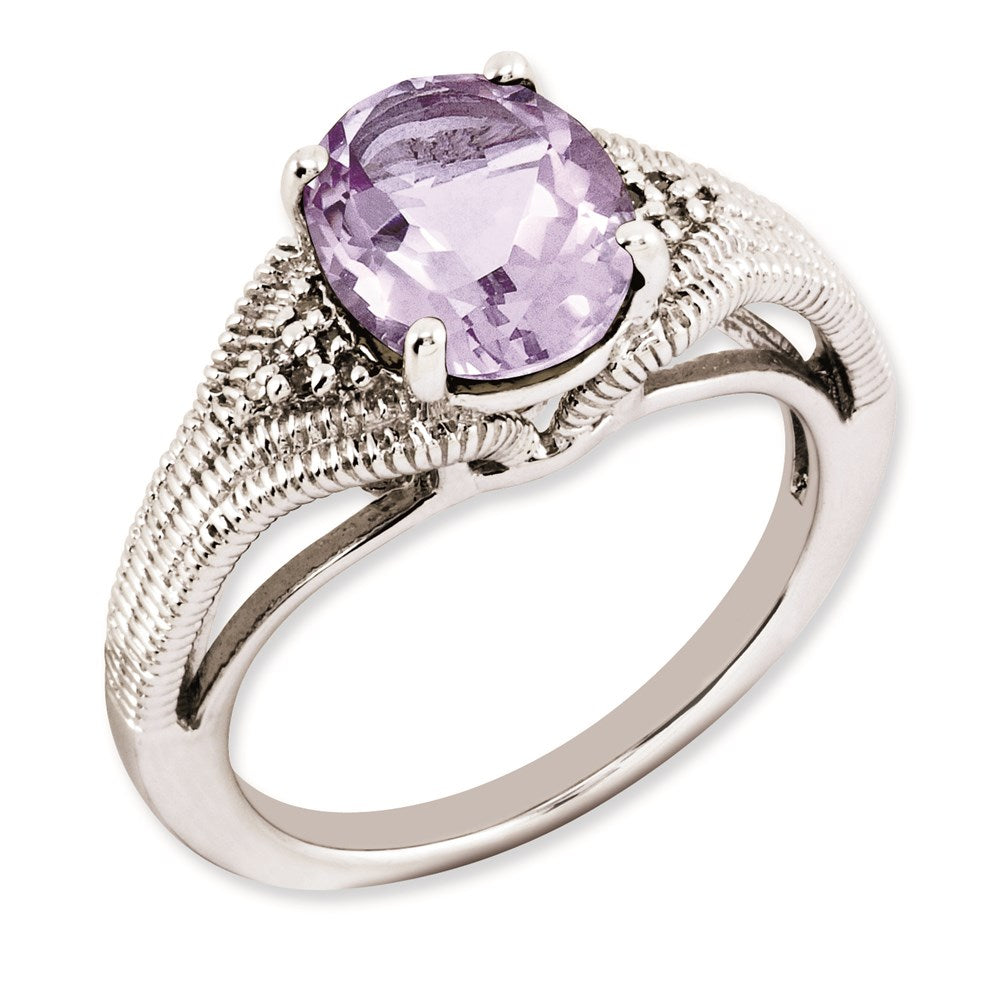 Sterlingsilber Rhodiniert Oval Rosa Quarz & Diamant Ring (size 7 Nur)