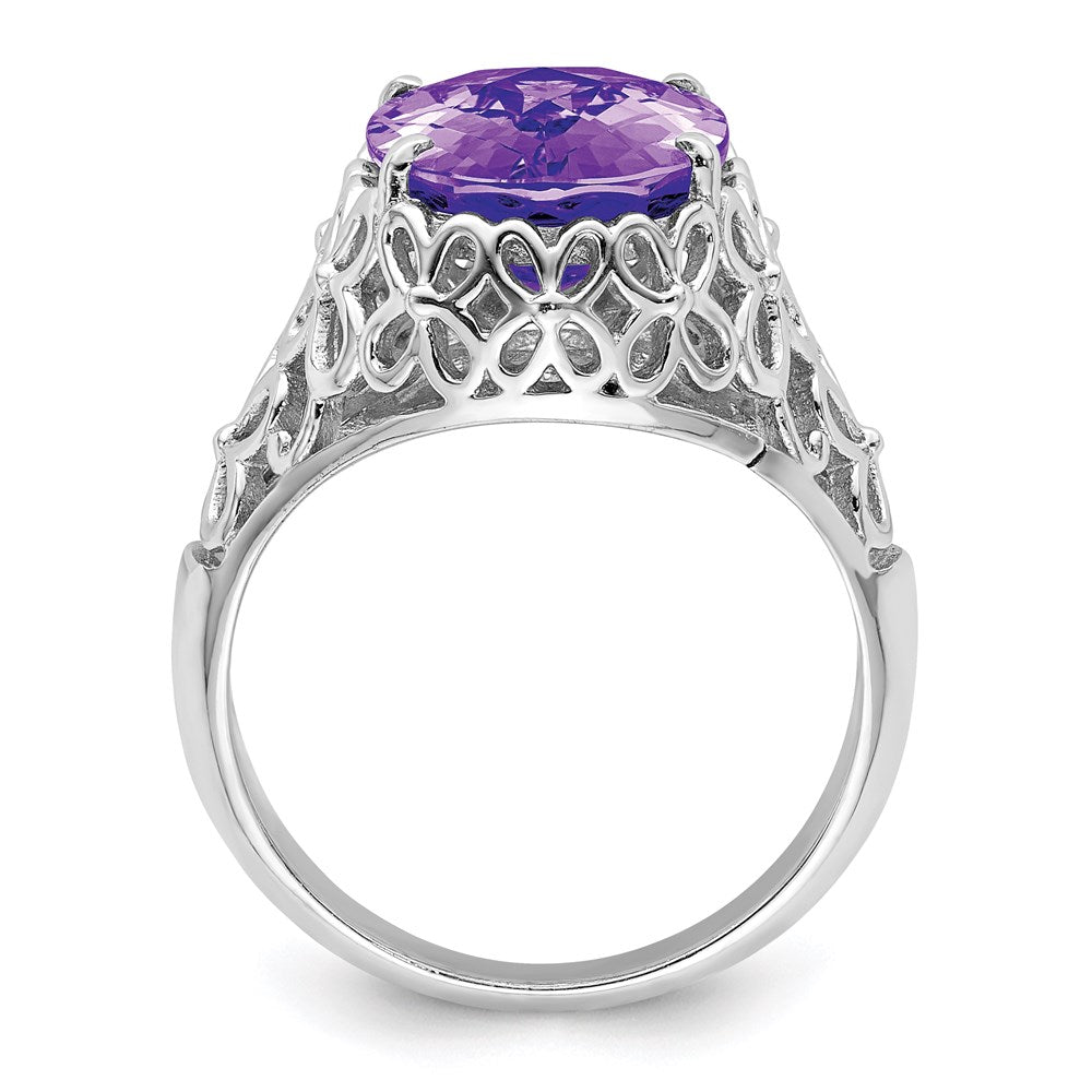 Sterlingsilber Rhodiniert Oval Karo Schliff Amethyst Ring (size 7 Nur)