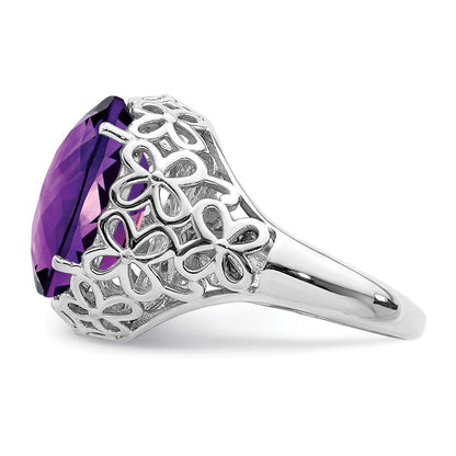 Sterlingsilber Rhodiniert Oval Karo Schliff Amethyst Ring (size 7 Nur)