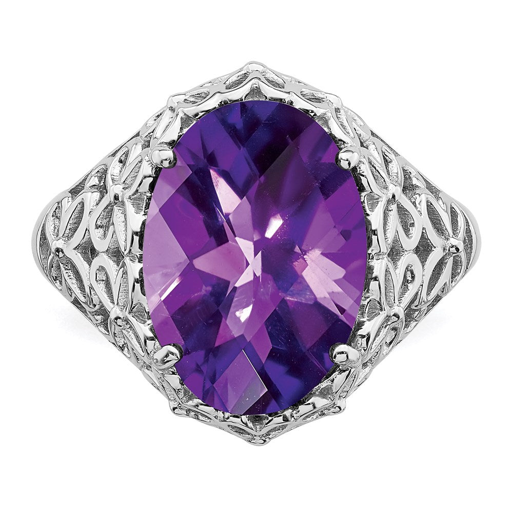 Sterlingsilber Rhodiniert Oval Karo Schliff Amethyst Ring (size 7 Nur)