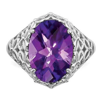 Sterlingsilber Rhodiniert Oval Karo Schliff Amethyst Ring (size 7 Nur)