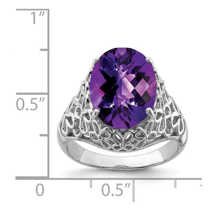 Sterlingsilber Rhodiniert Oval Karo Schliff Amethyst Ring (size 7 Nur)