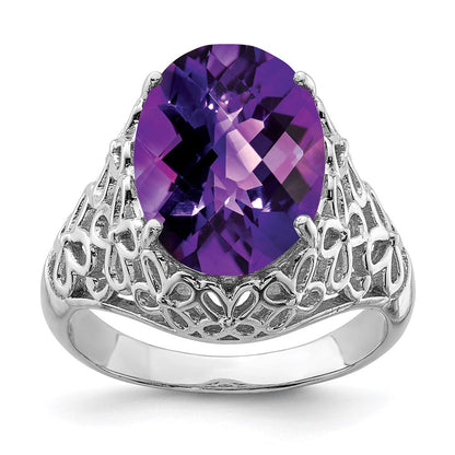 Sterlingsilber Rhodiniert Oval Karo Schliff Amethyst Ring (size 7 Nur)