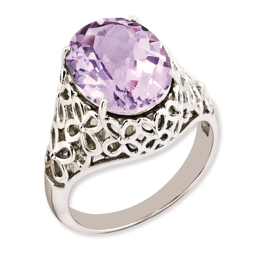 Sterlingsilber Rhodiniert Oval Karo Schliff Rosa Quarz Ring (size 7 Nur)