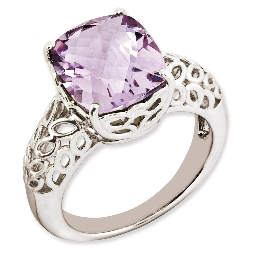 Sterlingsilber Rhodiniert Karo Schliff Rosa Quarz Ring (size 7 Nur)