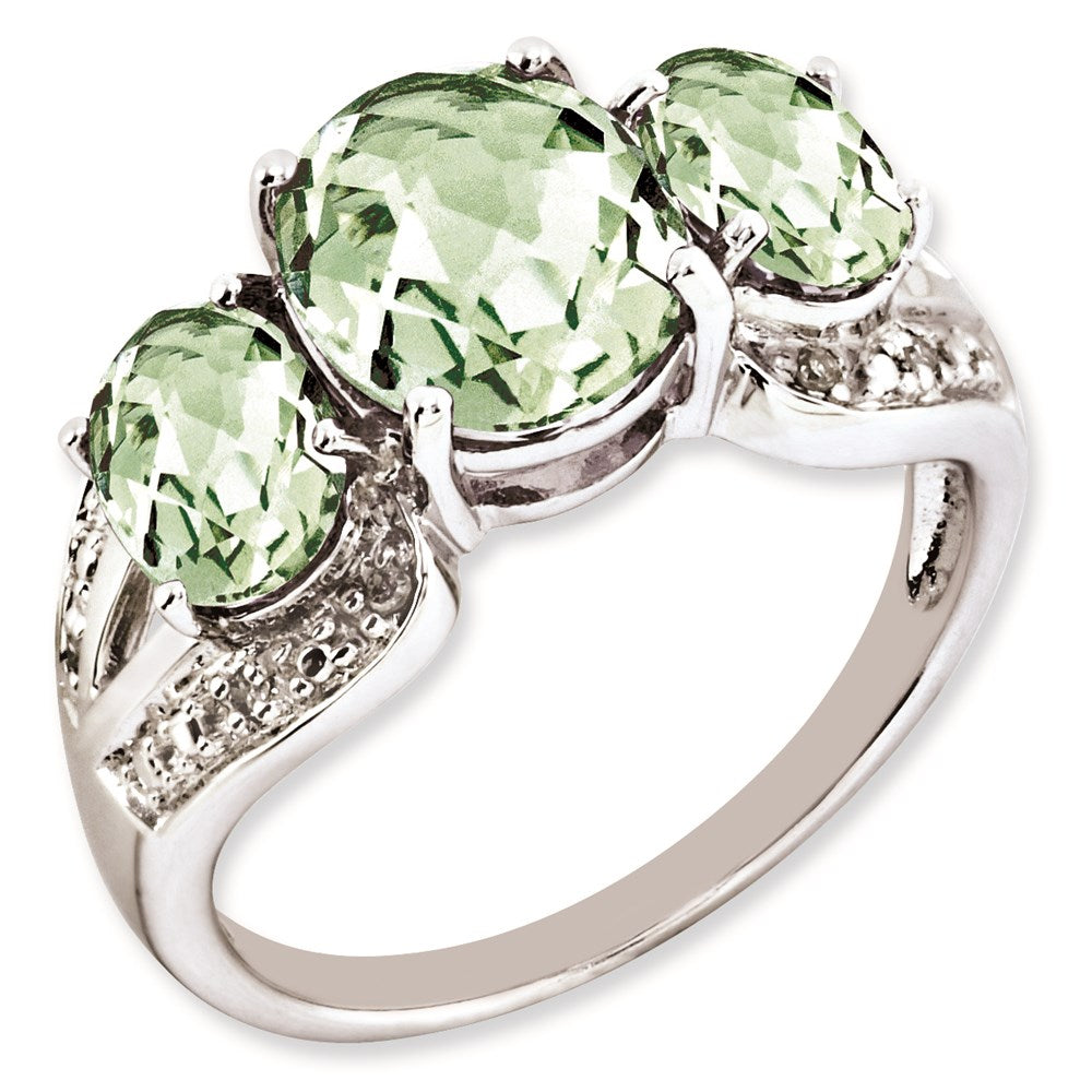 Sterlingsilber Rhodiniert Karo Schliff Grün Quarz & Diamant Ring (size 5 Nur)
