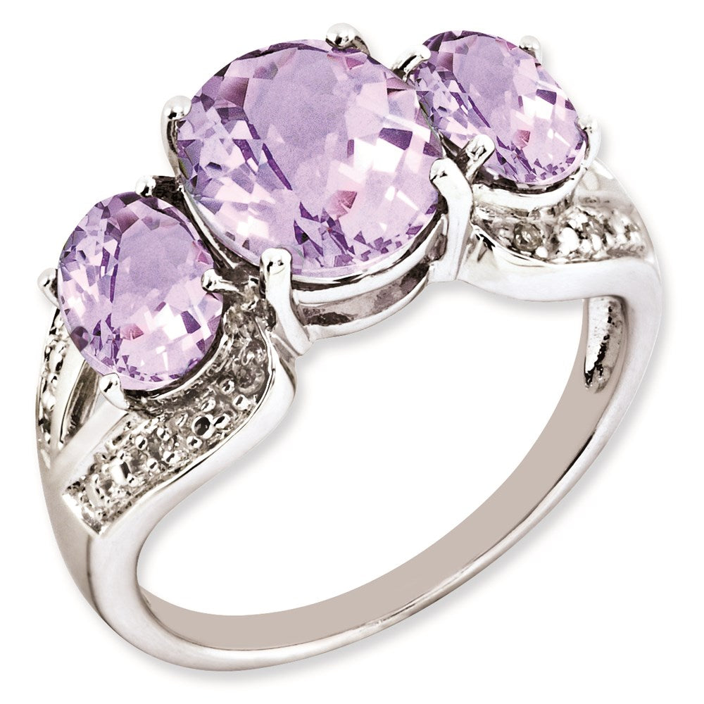 Sterlingsilber Rhodiniert Oval Karo Schliff Rosa Quarz & Diamant Ring (size 7 Nur)