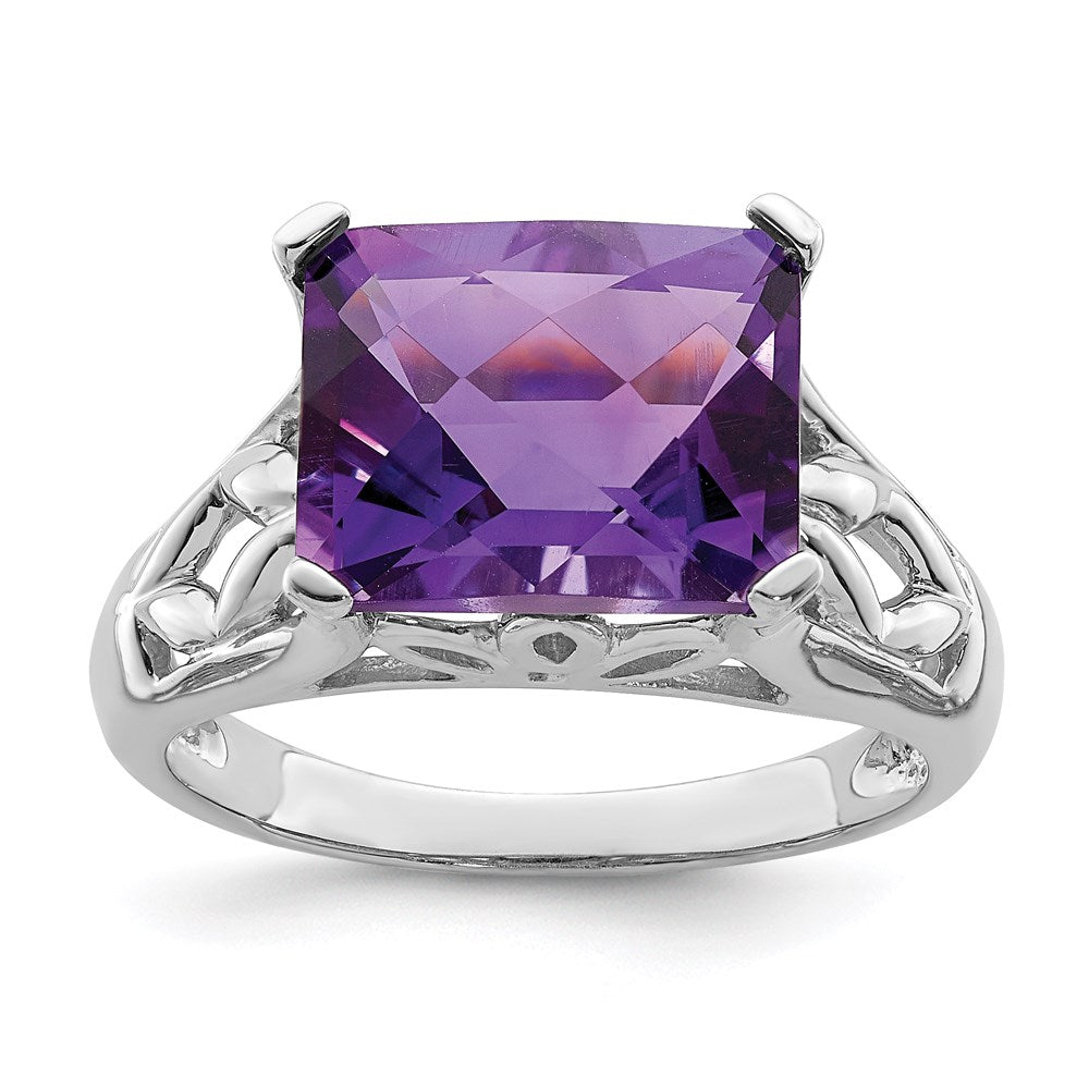 Sterlingsilber Rhodiniert Karo Schliff Amethyst Ring (size 5 Nur)