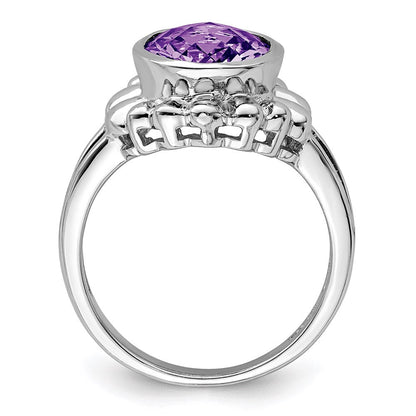 Sterlingsilber Rhodiniert Oval Karo Schliff Amethyst Ring (size 7 Nur)