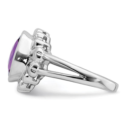 Sterlingsilber Rhodiniert Oval Karo Schliff Amethyst Ring (size 7 Nur)