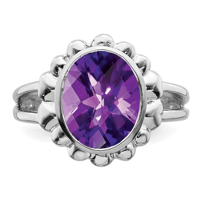 Sterlingsilber Rhodiniert Oval Karo Schliff Amethyst Ring (size 7 Nur)