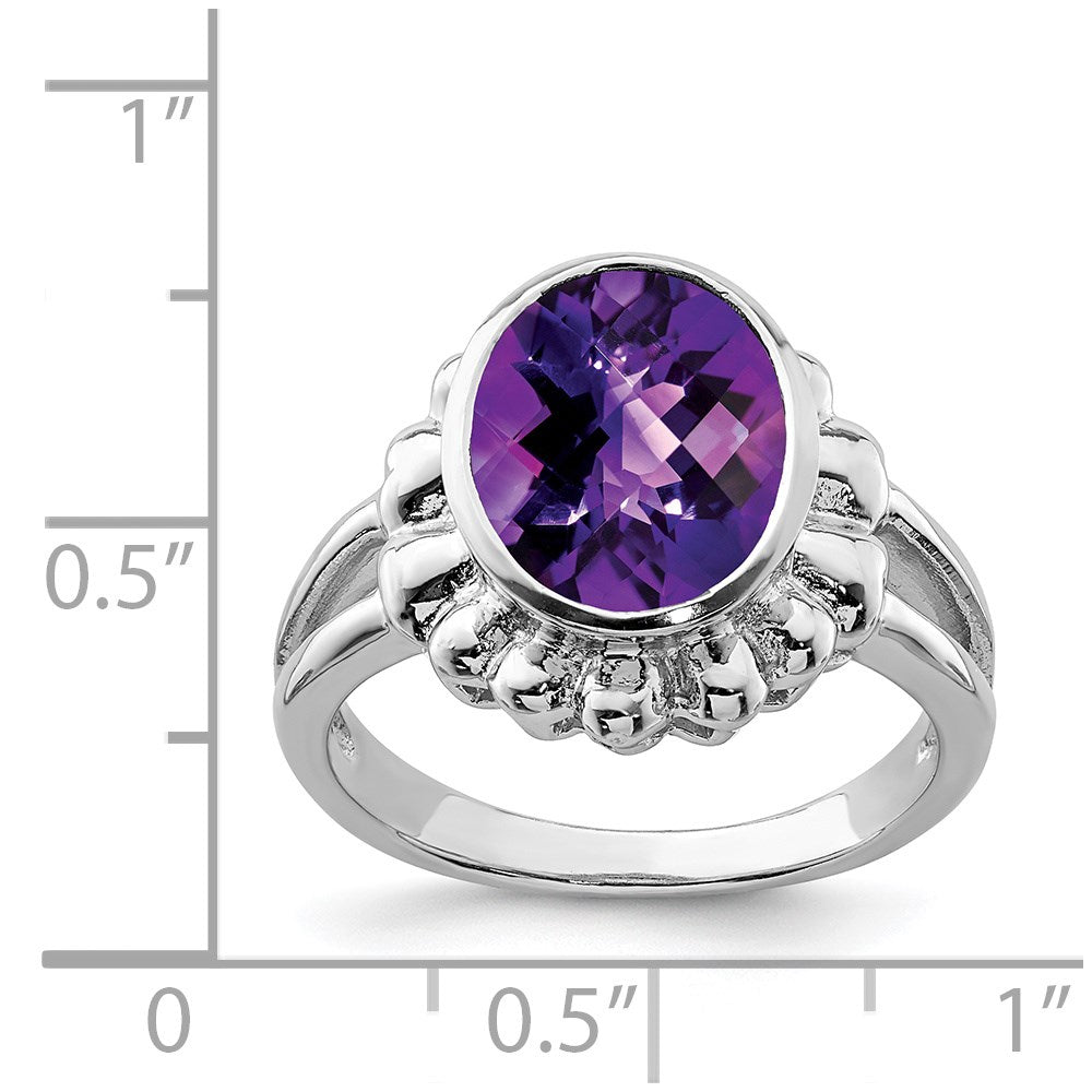 Sterlingsilber Rhodiniert Oval Karo Schliff Amethyst Ring (size 7 Nur)