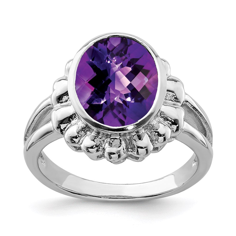 Sterlingsilber Rhodiniert Oval Karo Schliff Amethyst Ring (size 7 Nur)