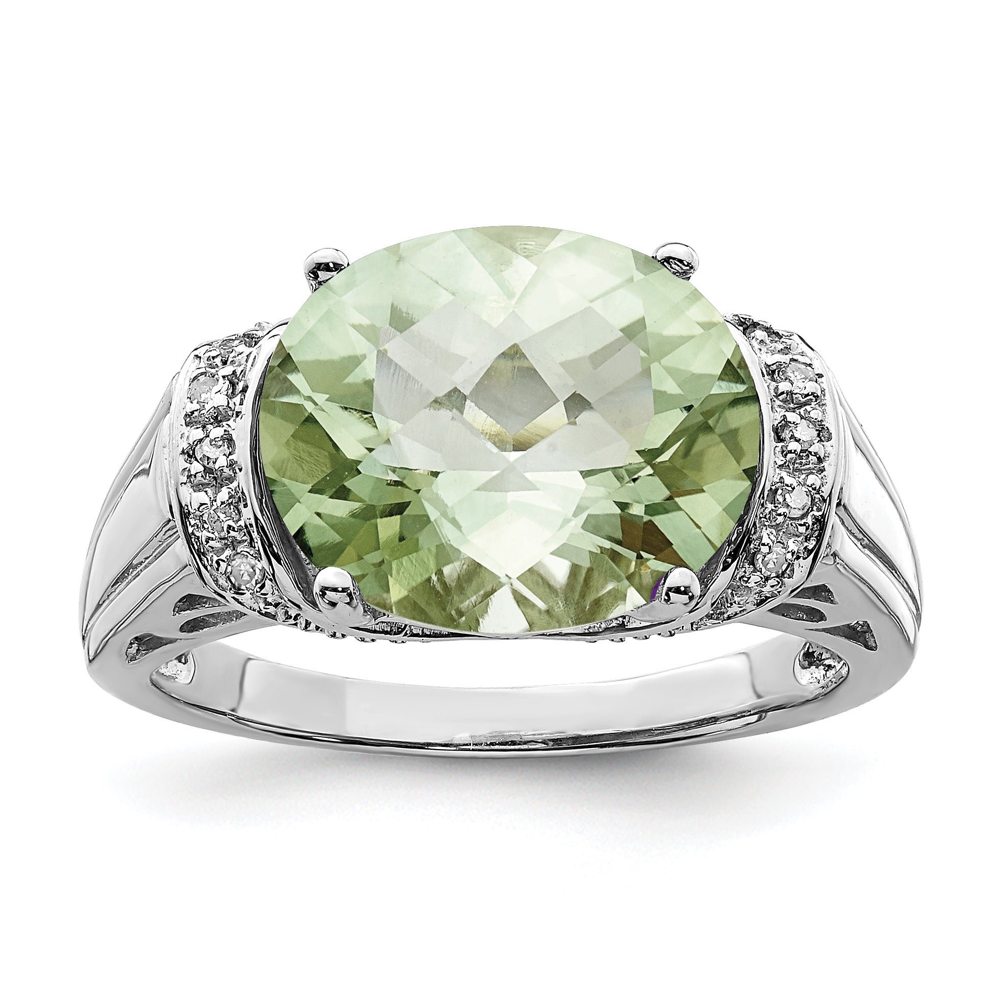 Sterlingsilber Rhodium Karo Schliff Grün Quarz & Diamant Ring (size 9 Nur)