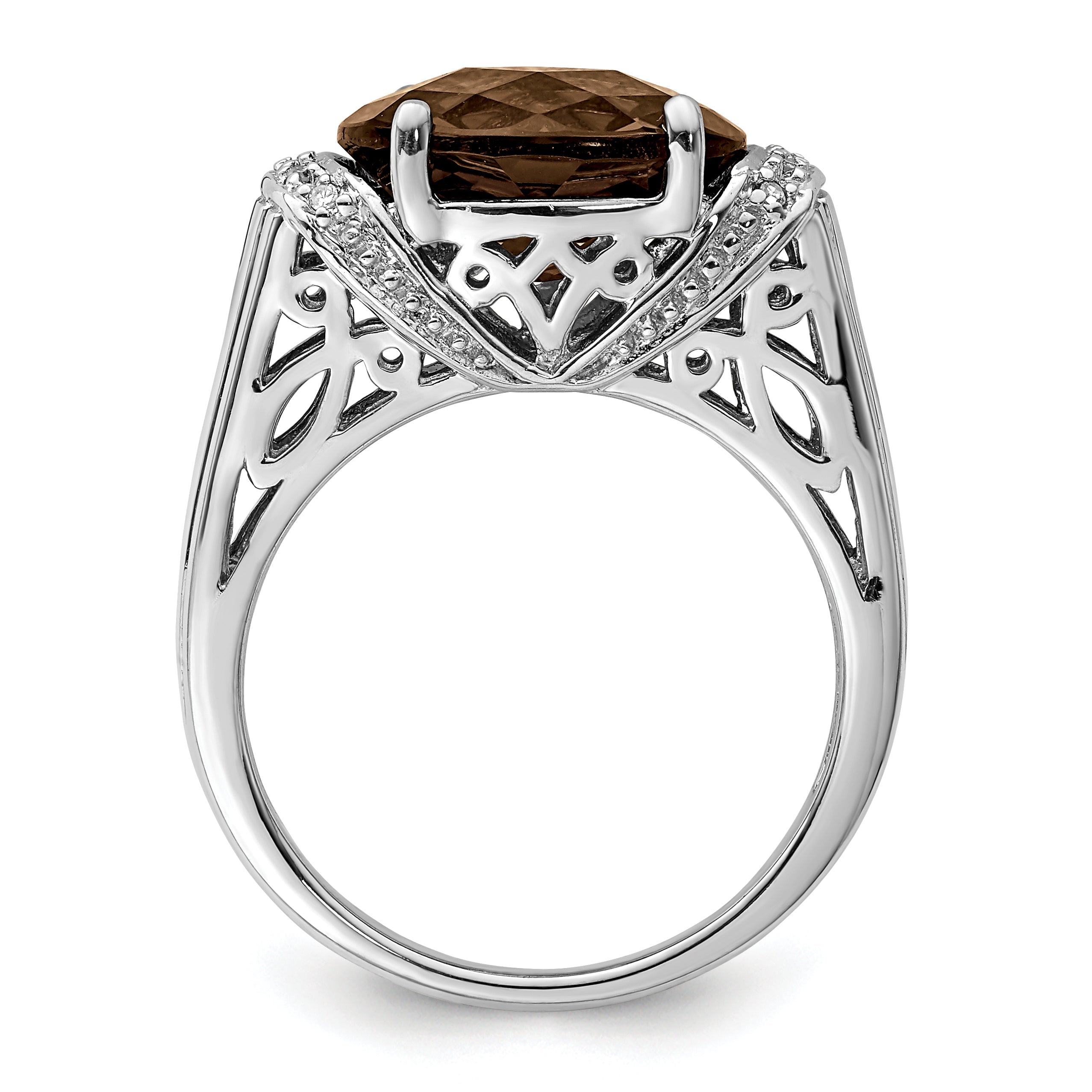 Sterlingsilber Rhodium Karo Schliff Rauch Quarz & Diamant Ring