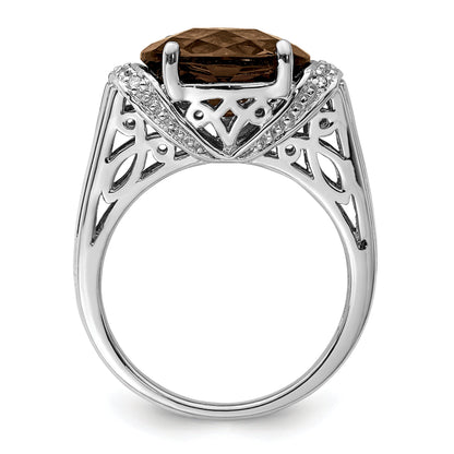Sterlingsilber Rhodium Karo Schliff Rauch Quarz & Diamant Ring