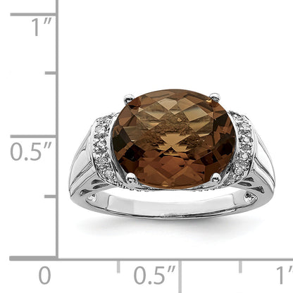 Sterlingsilber Rhodium Karo Schliff Rauch Quarz & Diamant Ring