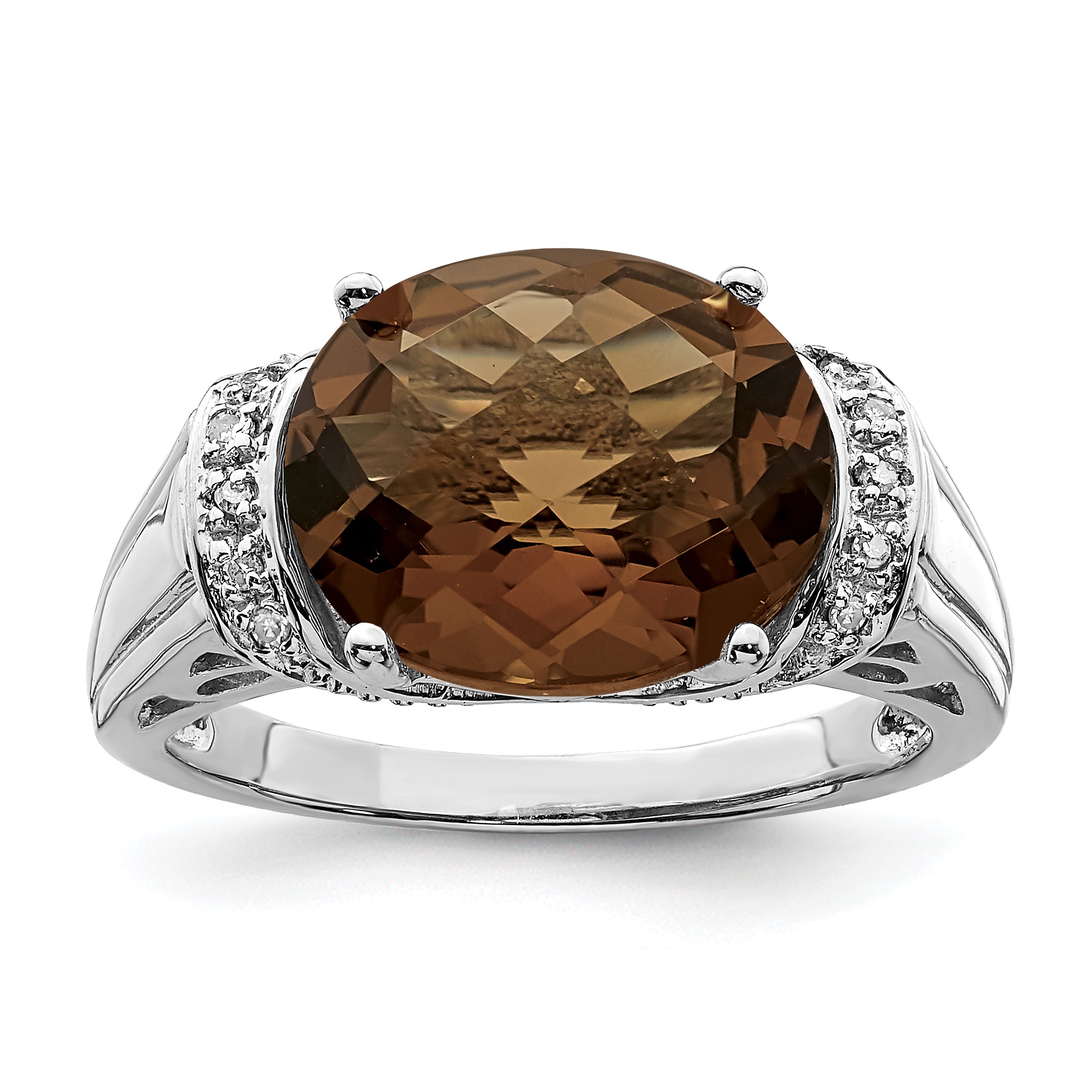 Sterlingsilber Rhodium Karo Schliff Rauch Quarz & Diamant Ring