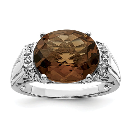 Sterlingsilber Rhodium Karo Schliff Rauch Quarz & Diamant Ring