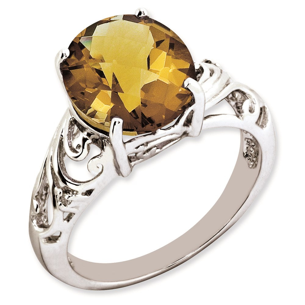 Sterlingsilber Rhodiniert Oval Karo Schliff Whiskey Quarz & Diamant Ring (size 7 Nur)