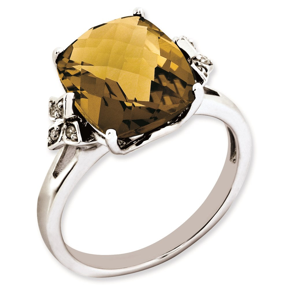 Sterlingsilber Rhodiniert Karo Schliff Whiskey Quarz & Diamant Ring (size 7 Nur)