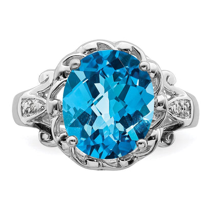 Sterlingsilber Rhodium Oval Karo Schliff Blautopas & Diamant Ring (size 7 Nur)