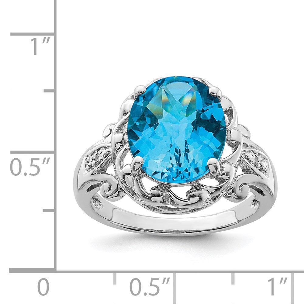 Sterlingsilber Rhodium Oval Karo Schliff Blautopas & Diamant Ring (size 7 Nur)