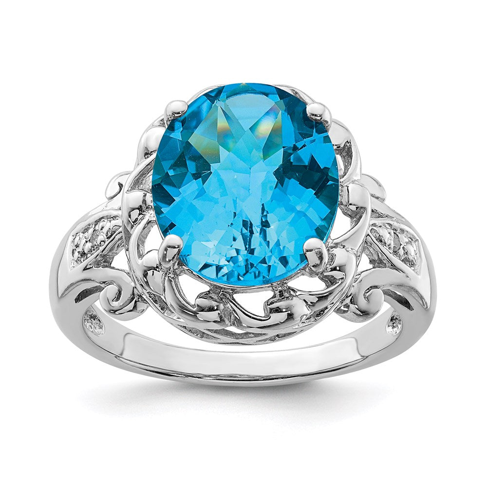 Sterlingsilber Rhodium Oval Karo Schliff Blautopas & Diamant Ring (size 7 Nur)