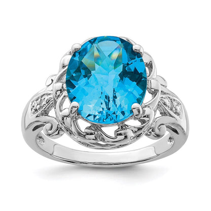 Sterlingsilber Rhodium Oval Karo Schliff Blautopas & Diamant Ring (size 7 Nur)