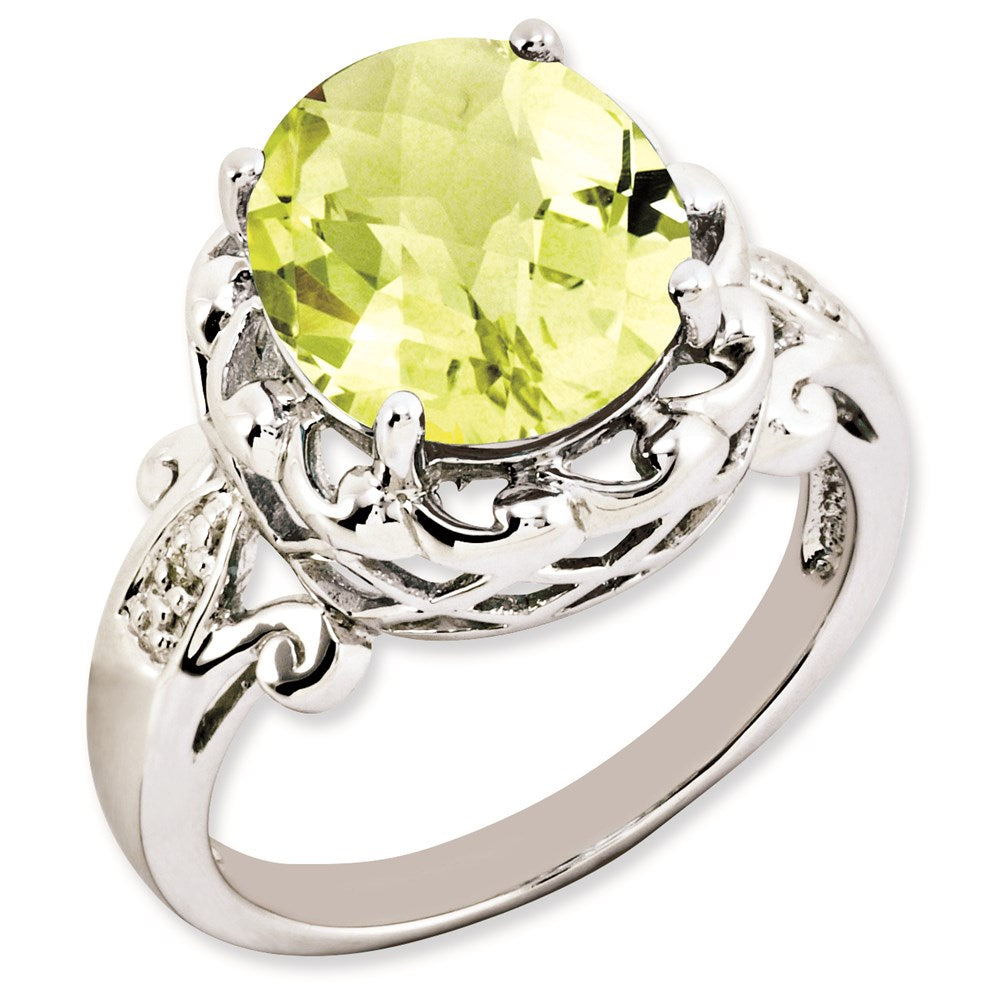 Sterlingsilber Rhodiniert Oval Karo Schliff Zitrone Quarz & Diamant Ring (size 7 Nur)