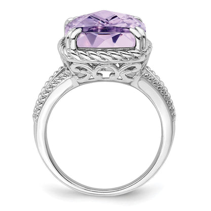 Sterlingsilber Rhodium Karo Schliff Rosa Quarz Ring (size 9 Nur)