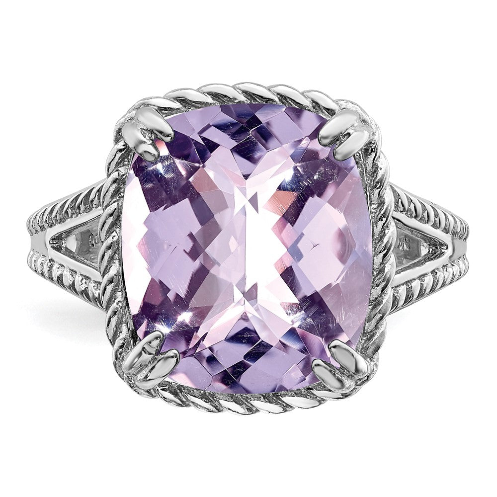 Sterlingsilber Rhodium Karo Schliff Rosa Quarz Ring (size 9 Nur)