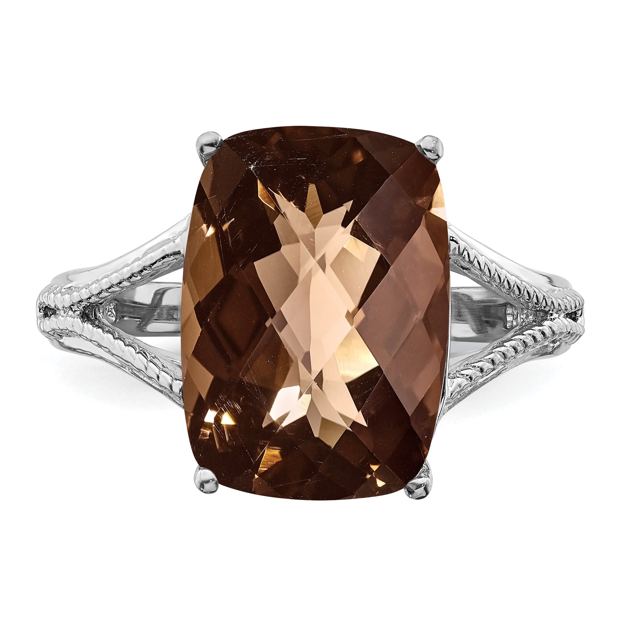 Sterlingsilber Rhodium Karo Schliff Rauch Quarz Ring