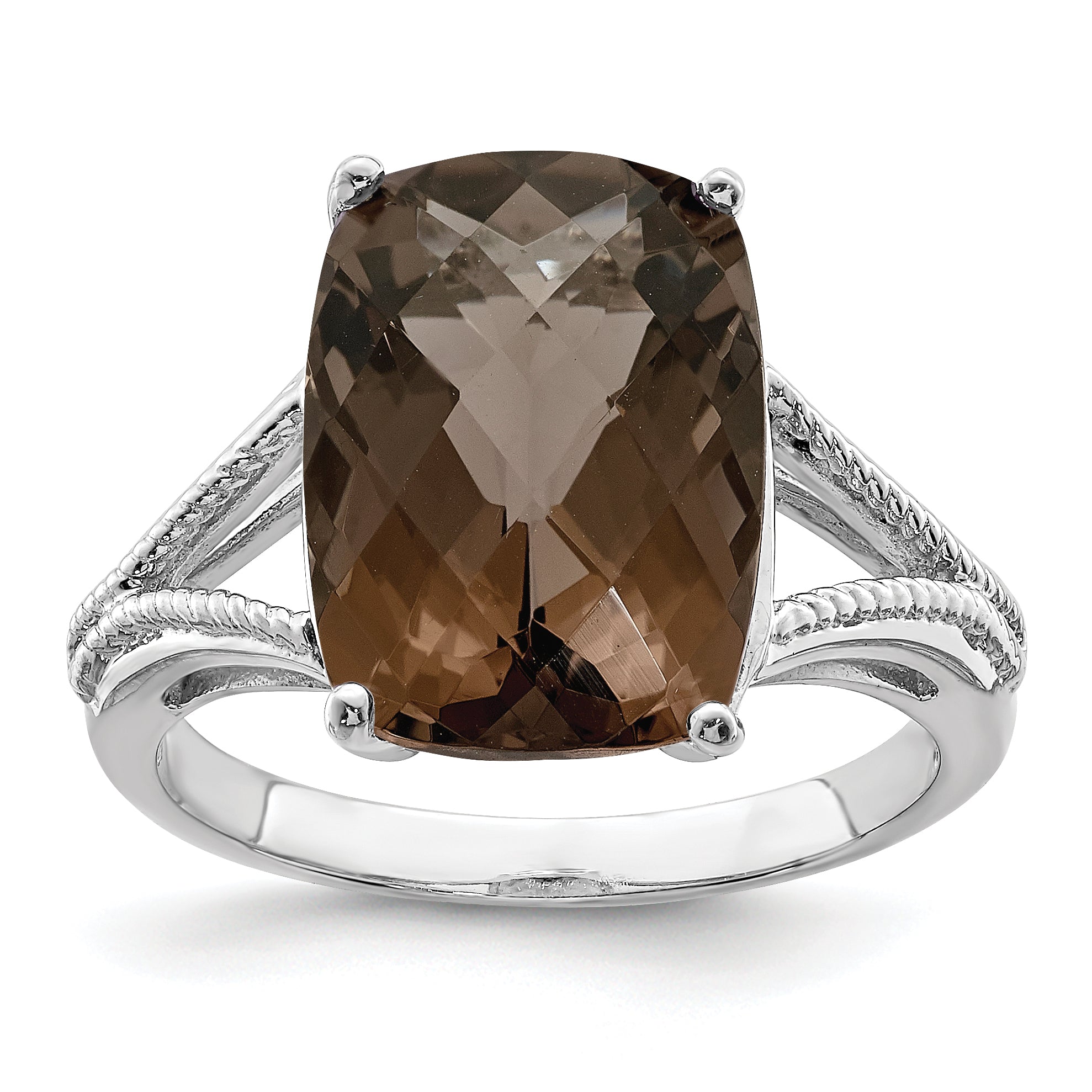 Sterlingsilber Rhodium Karo Schliff Rauch Quarz Ring
