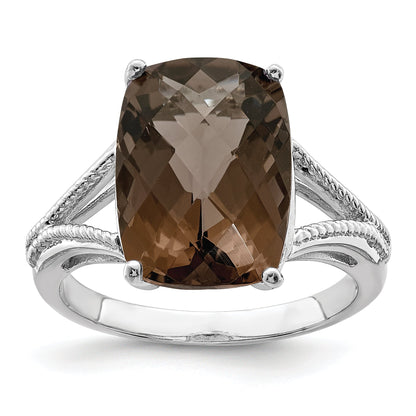 Sterlingsilber Rhodium Karo Schliff Rauch Quarz Ring