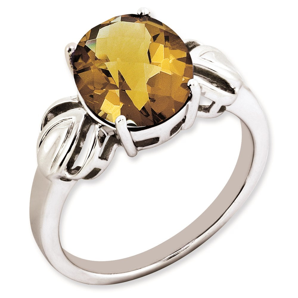 Sterlingsilber Rhodiniert Oval Karo Schliff Whiskey Quarz Ring (size 7 Nur)