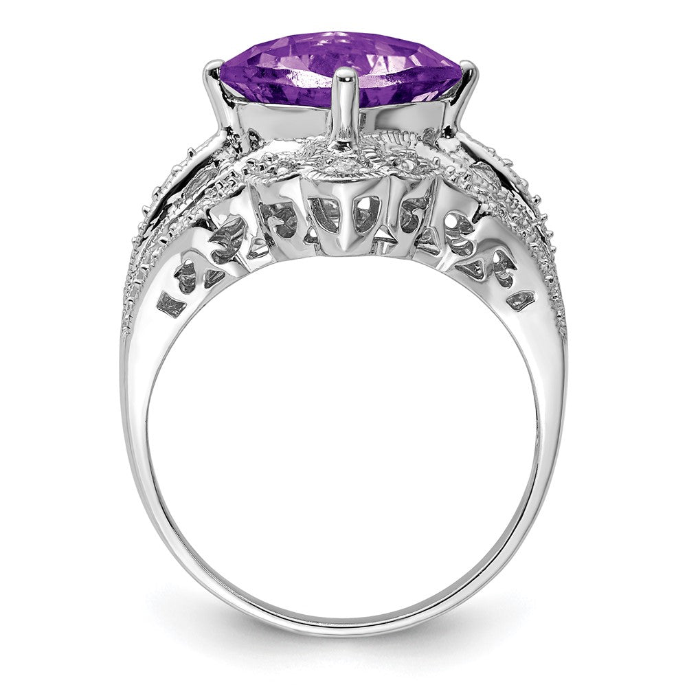 Sterlingsilber Rhodiniert Karo Schliff Amethyst & Diamant Ring (size 7 Nur)