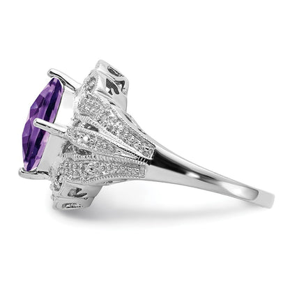 Sterlingsilber Rhodiniert Karo Schliff Amethyst & Diamant Ring (size 7 Nur)