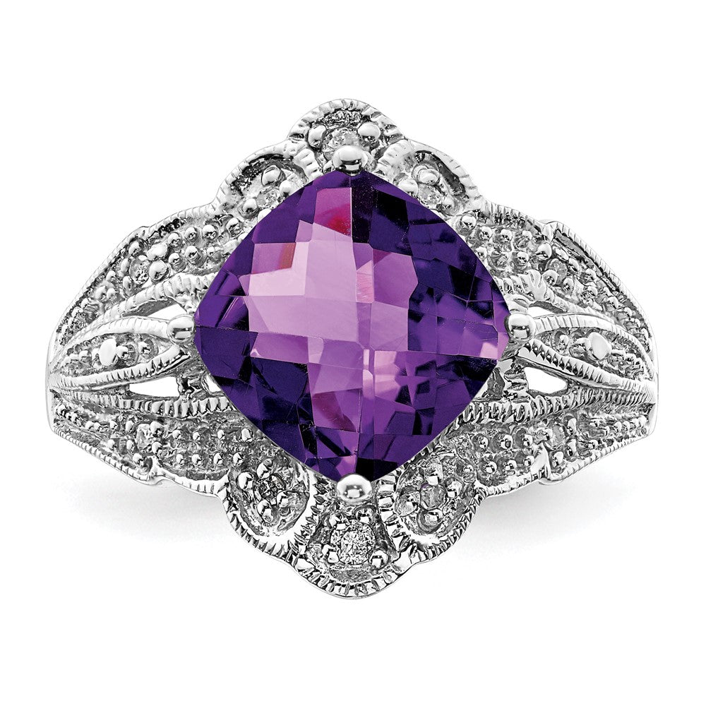 Sterlingsilber Rhodiniert Karo Schliff Amethyst & Diamant Ring (size 7 Nur)