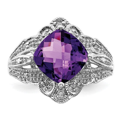 Sterlingsilber Rhodiniert Karo Schliff Amethyst & Diamant Ring (size 7 Nur)