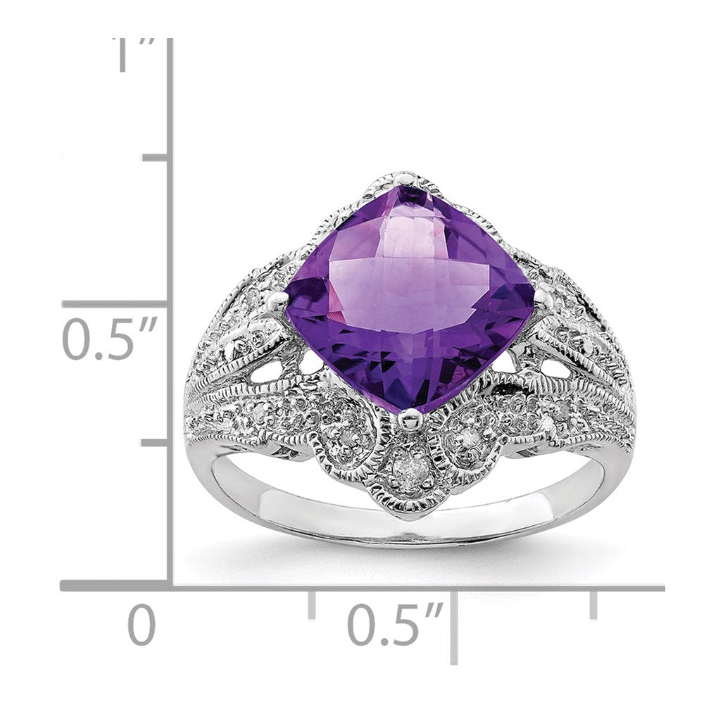 Sterlingsilber Rhodiniert Karo Schliff Amethyst & Diamant Ring (size 7 Nur)