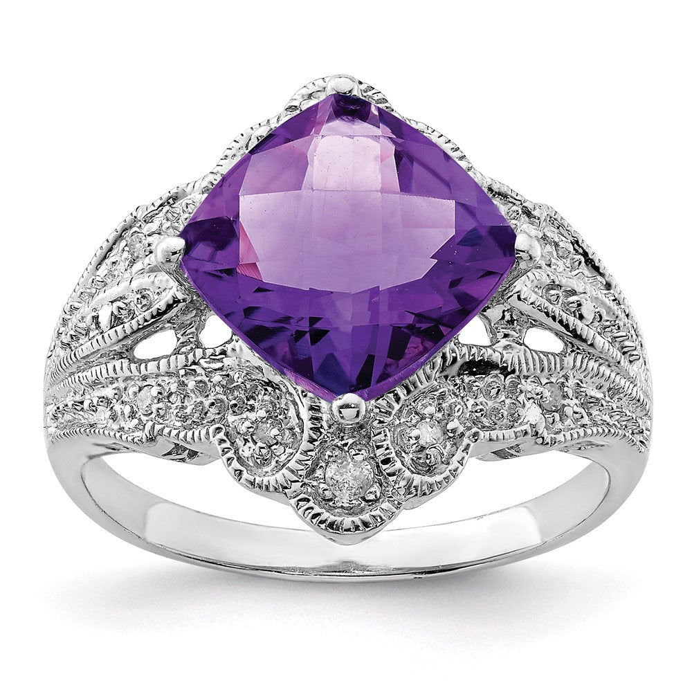 Sterlingsilber Rhodiniert Karo Schliff Amethyst & Diamant Ring (size 7 Nur)