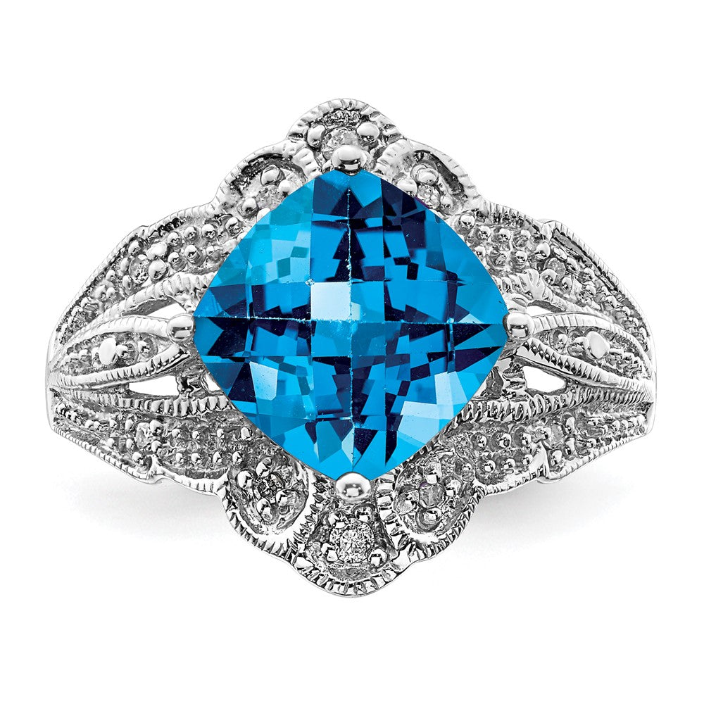 Sterlingsilber Rhodium Karo Schliff Blautopas & Diamant Ring (size 7 Nur)