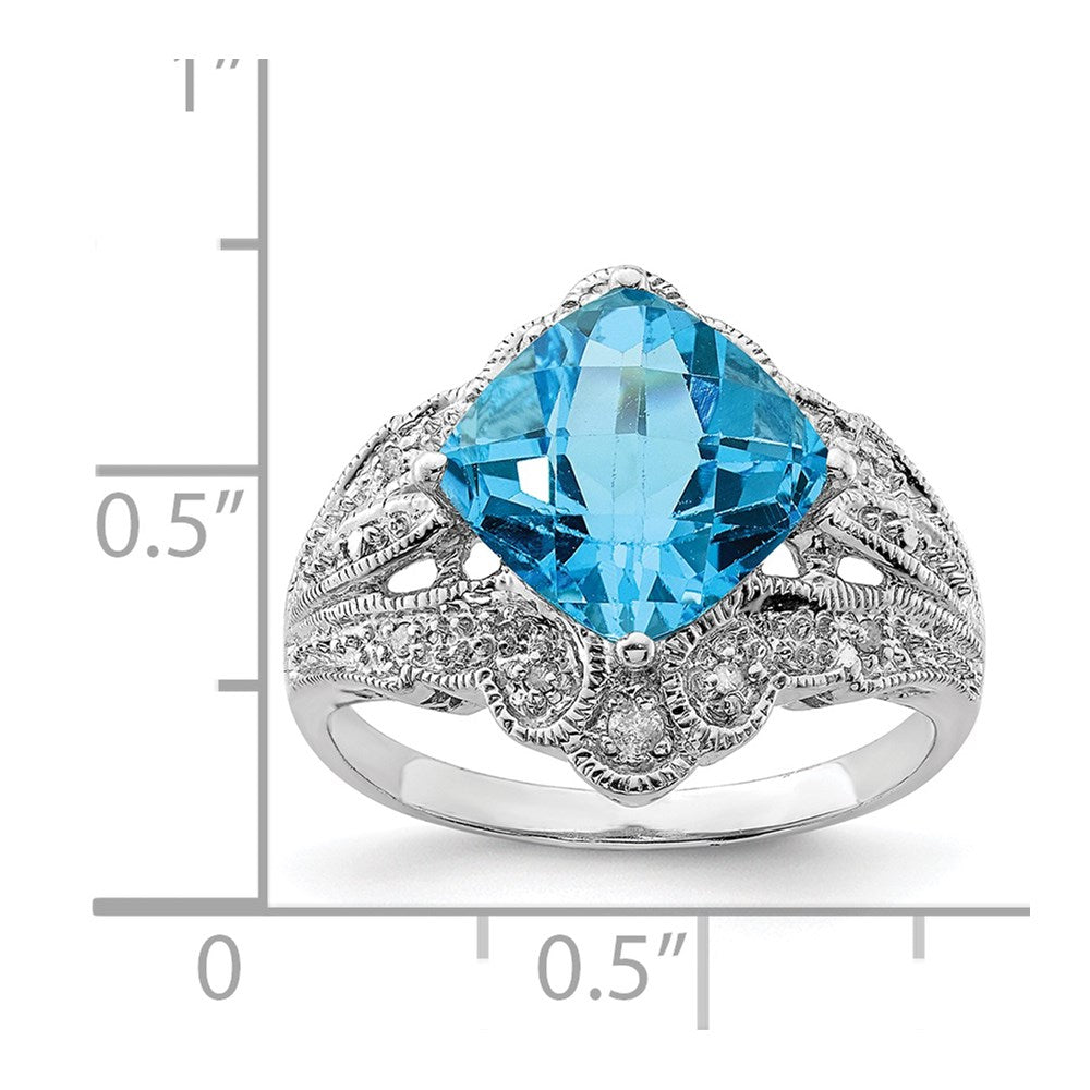 Sterlingsilber Rhodium Karo Schliff Blautopas & Diamant Ring (size 7 Nur)