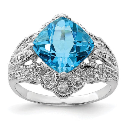 Sterlingsilber Rhodium Karo Schliff Blautopas & Diamant Ring (size 7 Nur)