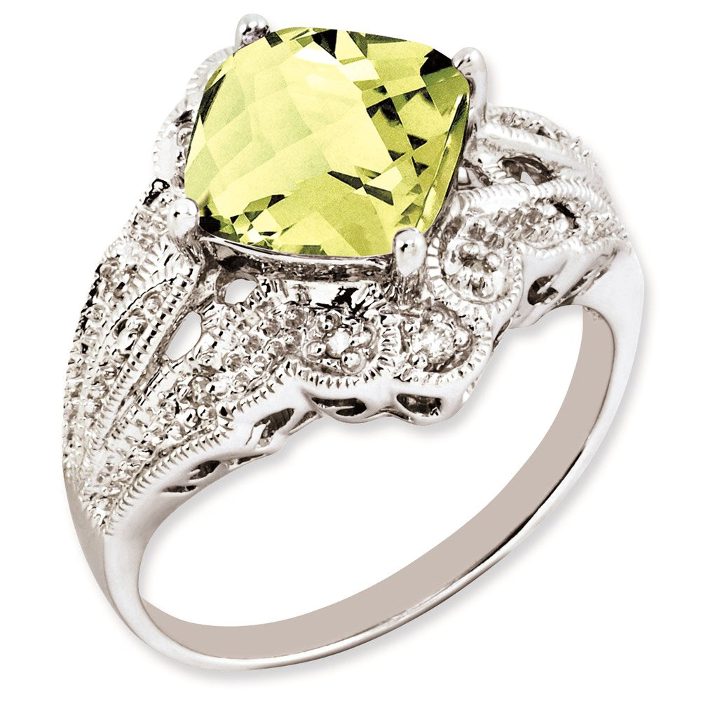 Sterlingsilber Rhodiniert Karo Schliff Zitrone Quarz & Diamant Ring (size 7 Nur)