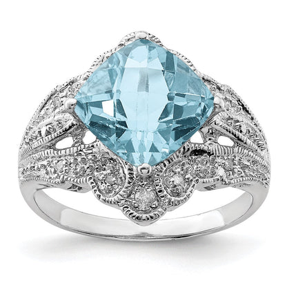 Sterlingsilber Rhodium Karo Schliff Himmel Blautopas & Diamant Ring (size 7 Nur)