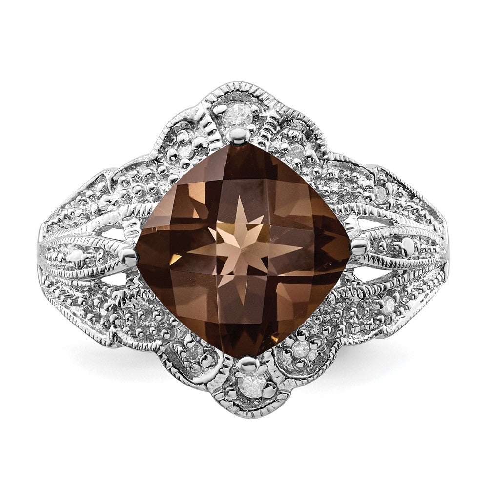 Sterlingsilber Rhodium Karo Schliff Rauch Quarz & Diamant Ring (size 7 Nur)