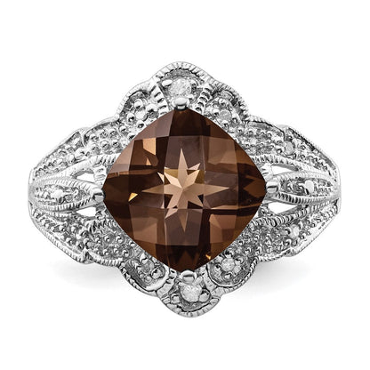 Sterlingsilber Rhodium Karo Schliff Rauch Quarz & Diamant Ring (size 7 Nur)