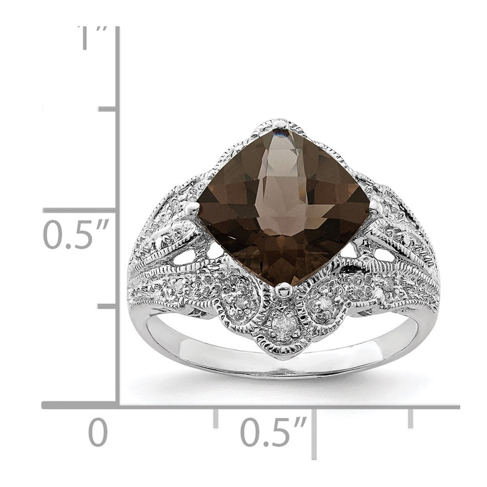 Sterlingsilber Rhodium Karo Schliff Rauch Quarz & Diamant Ring (size 7 Nur)